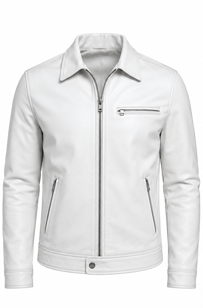 A white leather biker jacket with a silver-tone front zipper, zippered chest pocket, and zippered side pockets, shown on a plain white background.