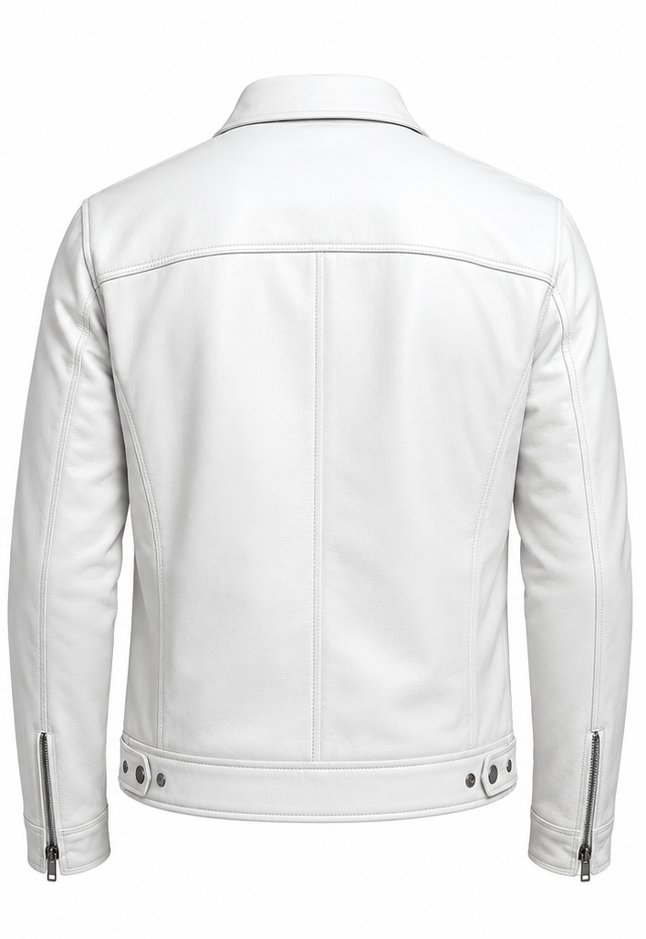 White leather biker jacket shown from the back, featuring a collar, vertical center seam, zippered cuffs, and snap details at the hem.