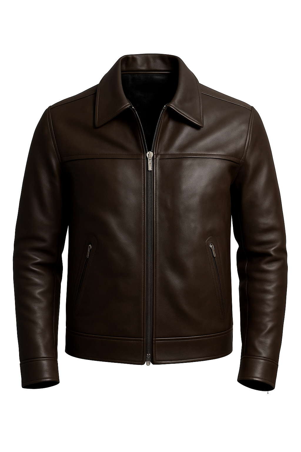 A dark brown leather jacket with a full front zipper, a pointed collar, and zippered hand pockets, shown against a plain white background.