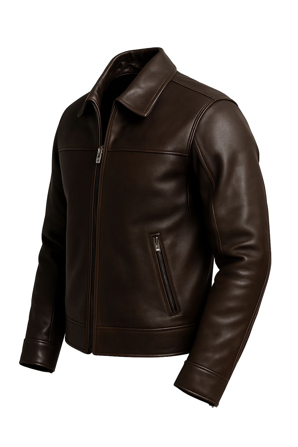 A dark brown leather jacket with a zippered front and a vertical zippered pocket on the chest, shown on a plain white background.