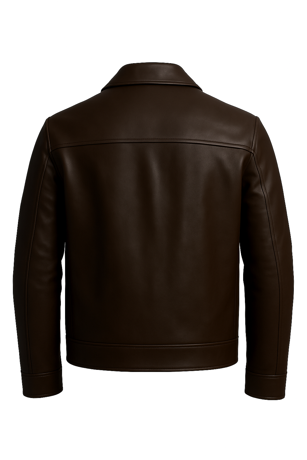 A dark brown leather jacket shown from the back, featuring a classic collar and long sleeves, photographed against a solid white background.