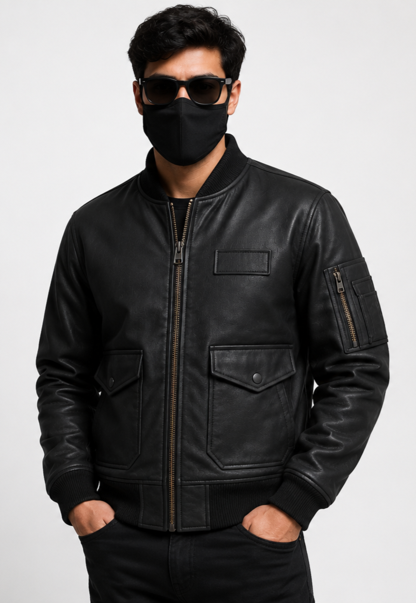A man wearing a black leather bomber jacket, black sunglasses, and a black face mask, standing against a light gray studio background.