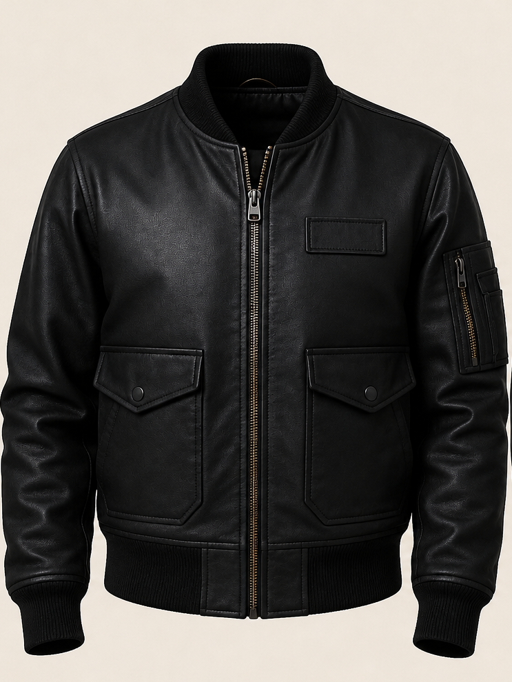 A black leather bomber jacket with a front zipper, ribbed knit collar, cuffs, and hem, featuring two large flap pockets and a zippered sleeve pocket, shown against a light beige background.