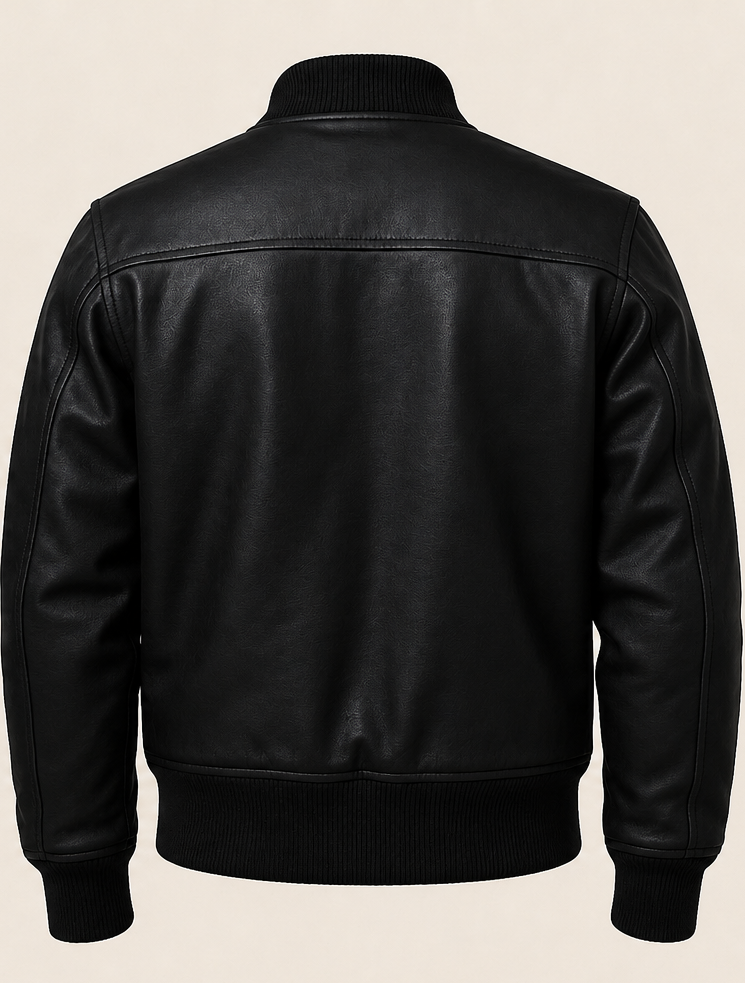 Black leather jacket shown from the back, featuring a ribbed knit collar, cuffs, and hem, photographed against a solid light beige background.