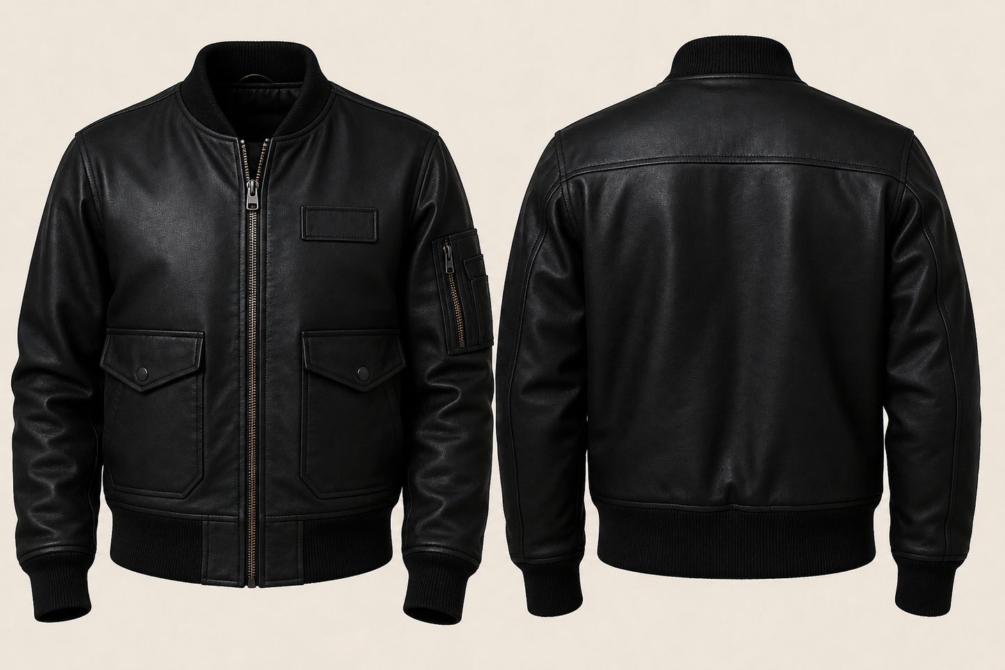 Black leather bomber jacket shown from both the front and back views against a light beige background.