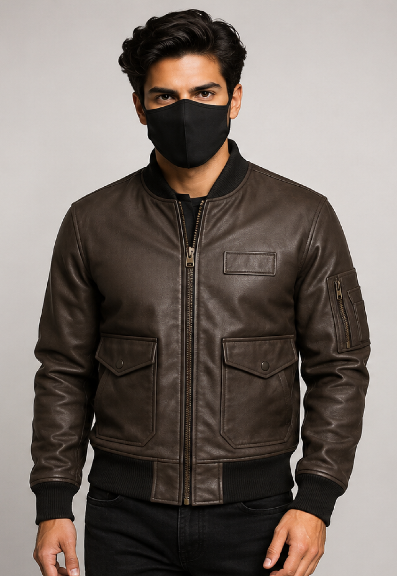 A man wearing a dark brown leather bomber jacket with black ribbed trim, a black face mask, and black jeans, photographed against a neutral gray studio background.