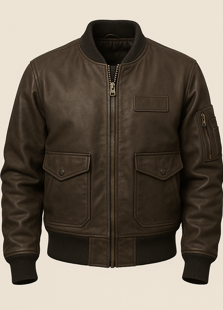 A dark brown leather bomber jacket with a black ribbed collar, cuffs, and hem, featuring a front zipper, two flap pockets, and a sleeve zip pocket, shown against a solid light beige background.