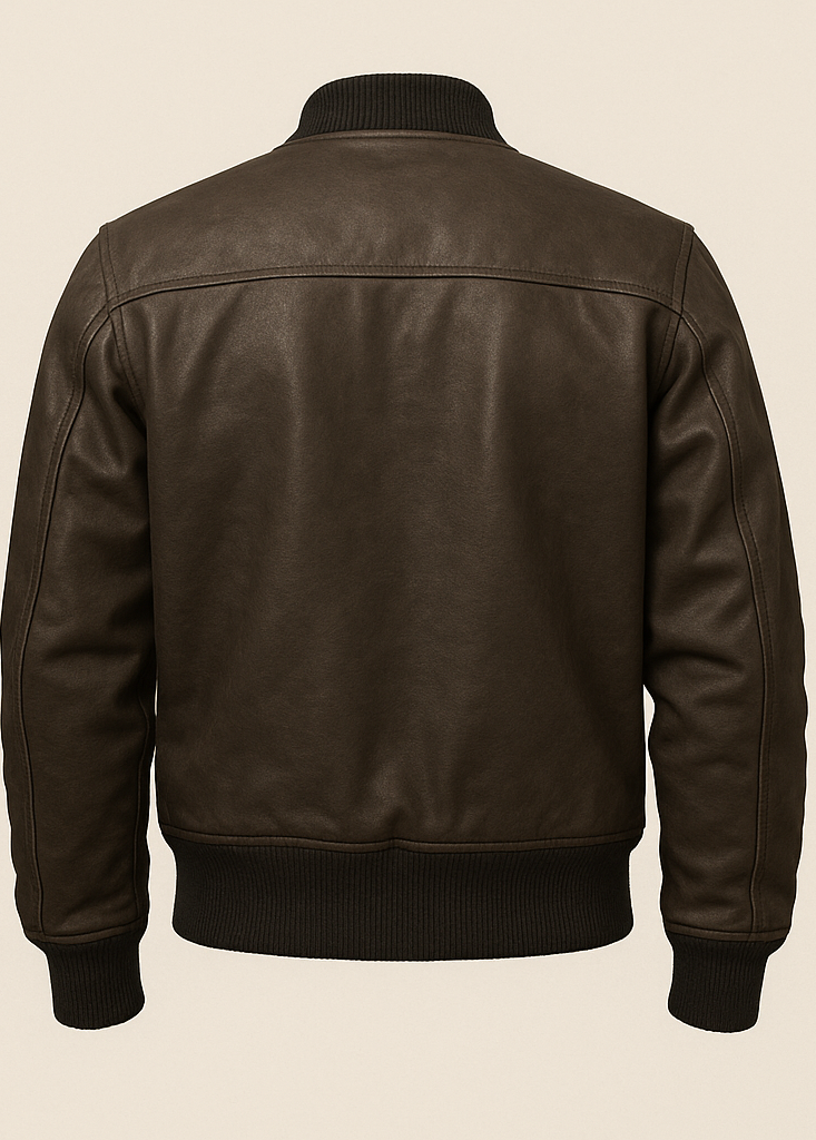 A dark brown leather jacket shown from the back, featuring a ribbed black collar, cuffs, and hem against a light beige background.