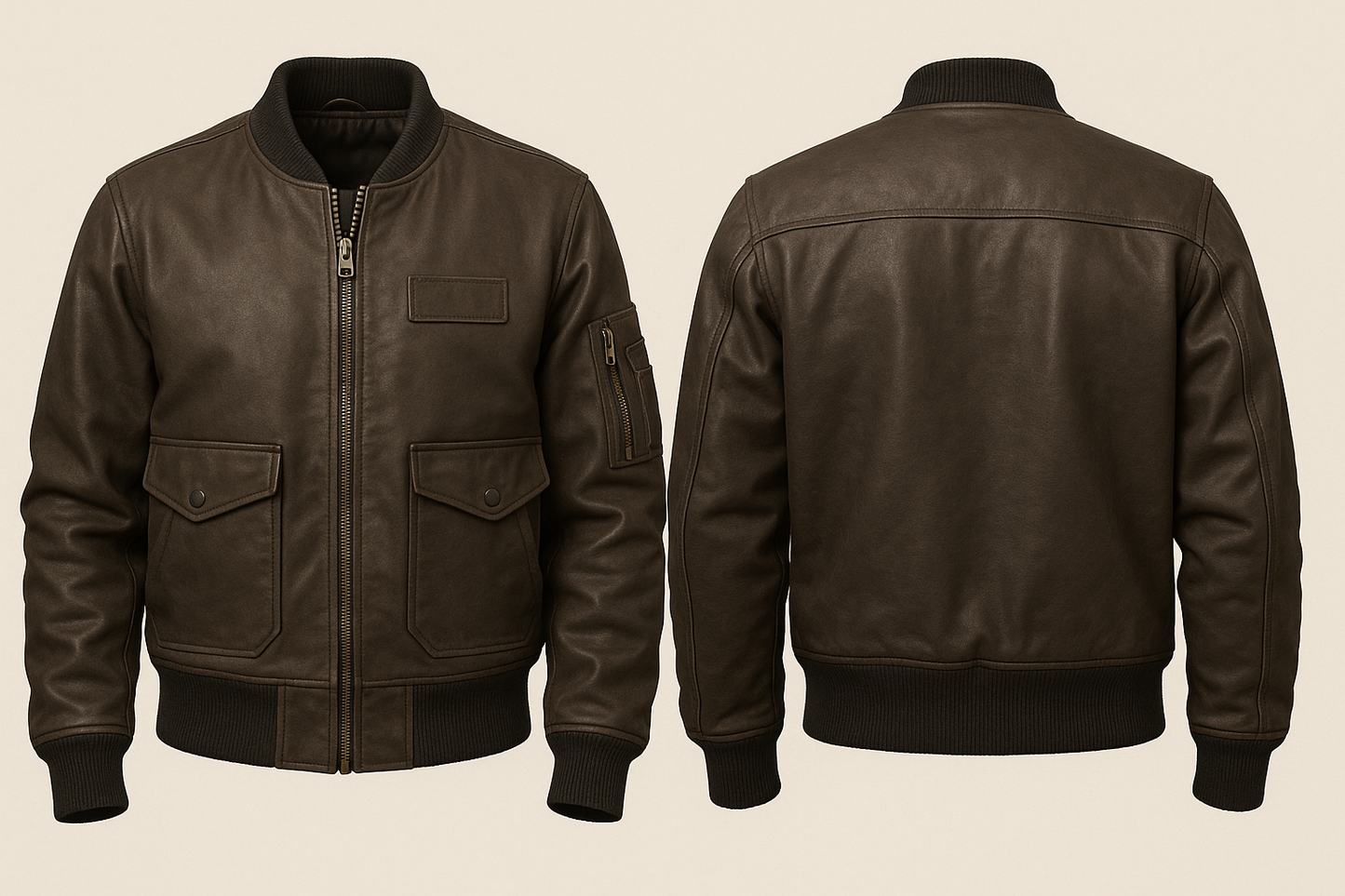 A dark brown leather bomber jacket shown from both the front and back views against a solid light beige background.