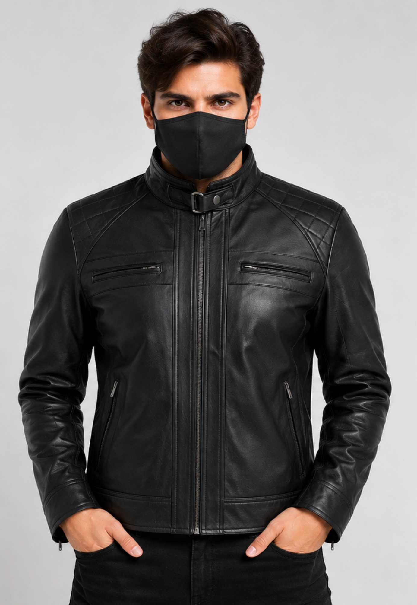 A man wearing a black leather jacket with a high collar and zippered chest pockets, paired with a black face mask, against a light gray studio background.