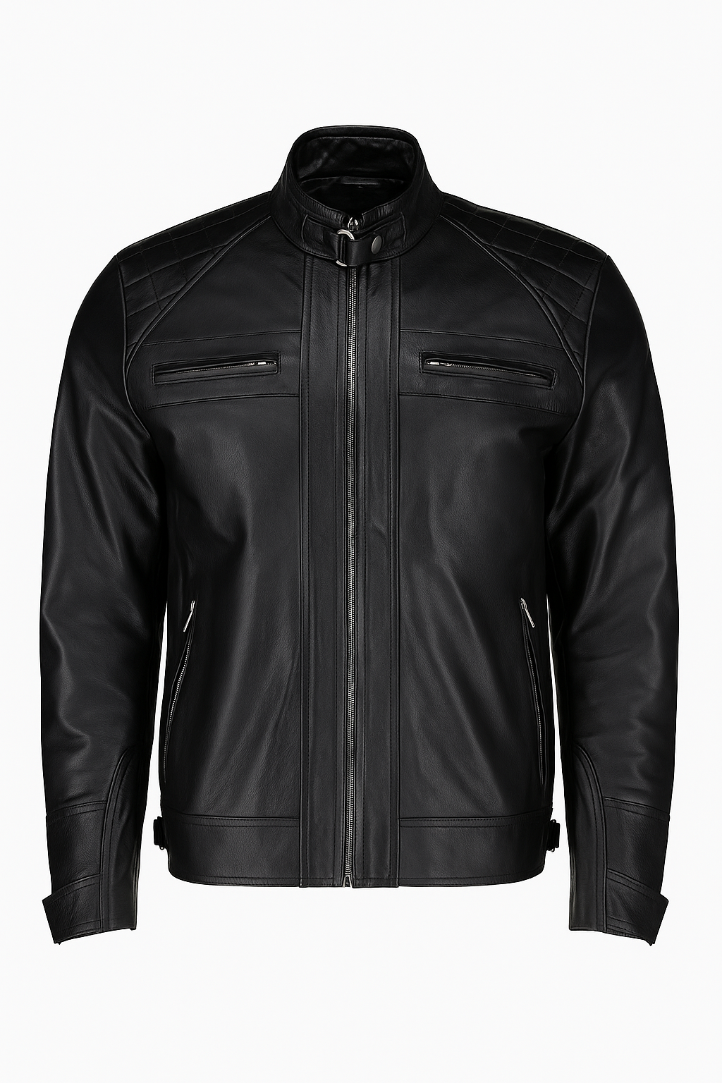 A black leather jacket with a stand-up collar, front zipper, and zippered chest pockets, shown on a plain white background.