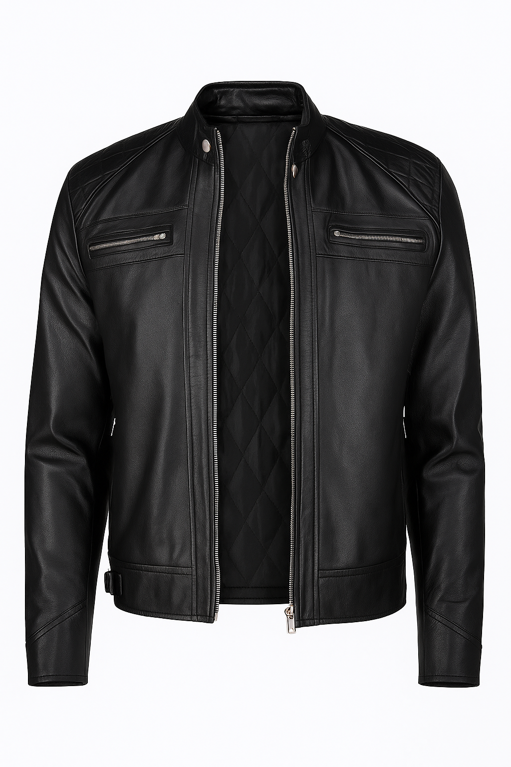 A black leather jacket with a quilted black shirt underneath, shown against a plain white background.