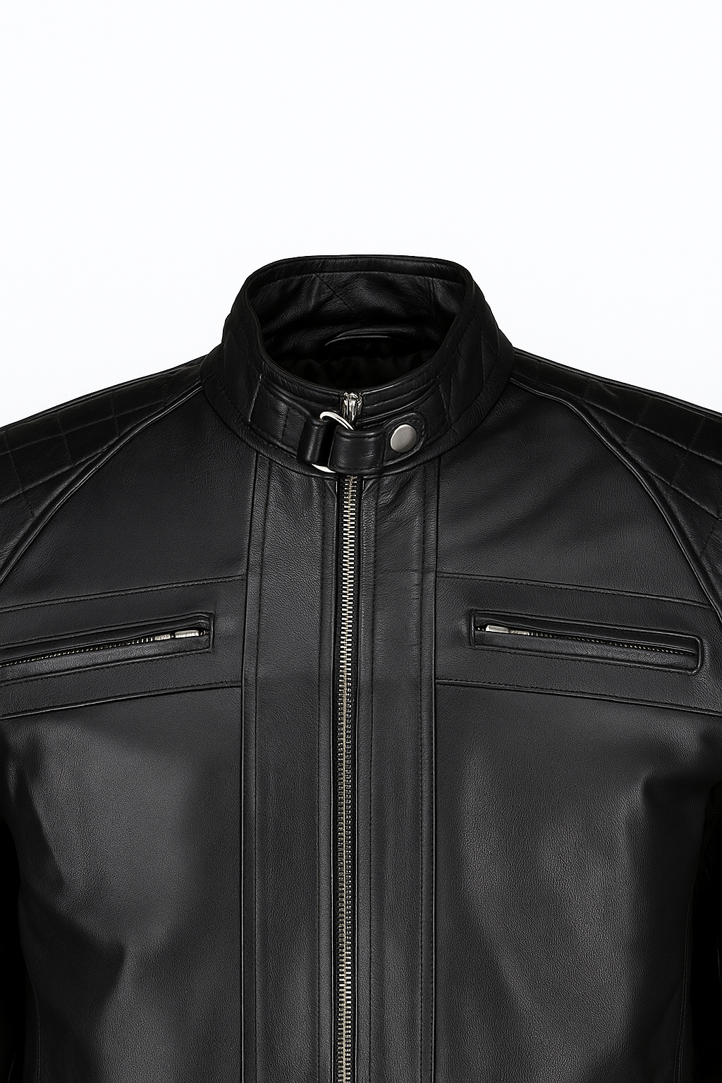 A close-up of a black leather jacket featuring a high stand-up collar with a snap button, a central front zipper, and zippered chest pockets, shown against a plain white background.