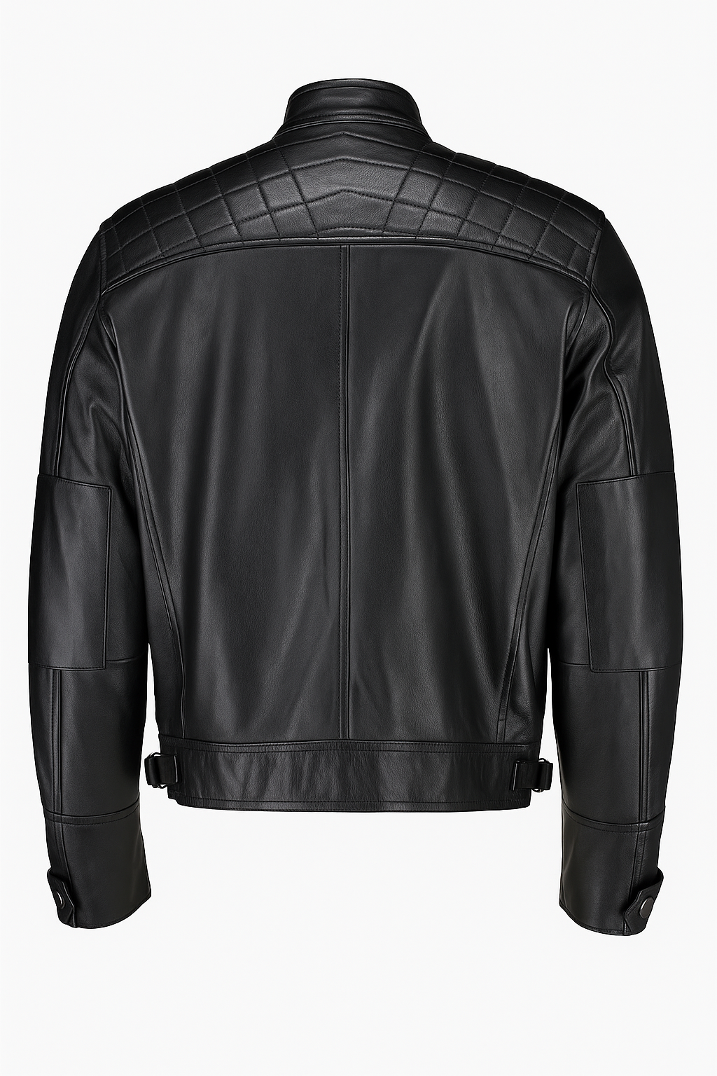 Black leather jacket shown from the back, featuring quilted shoulder panels and a high collar, on a plain white background.