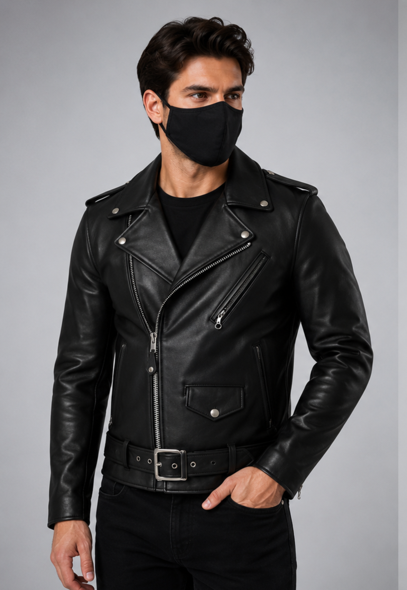 A man wearing a black leather moto jacket, black face mask, black t-shirt, and black jeans, standing against a solid gray studio background.