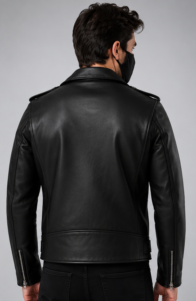 A man viewed from the back wearing a black leather jacket, black pants, and a black face mask, set against a plain gray studio background.