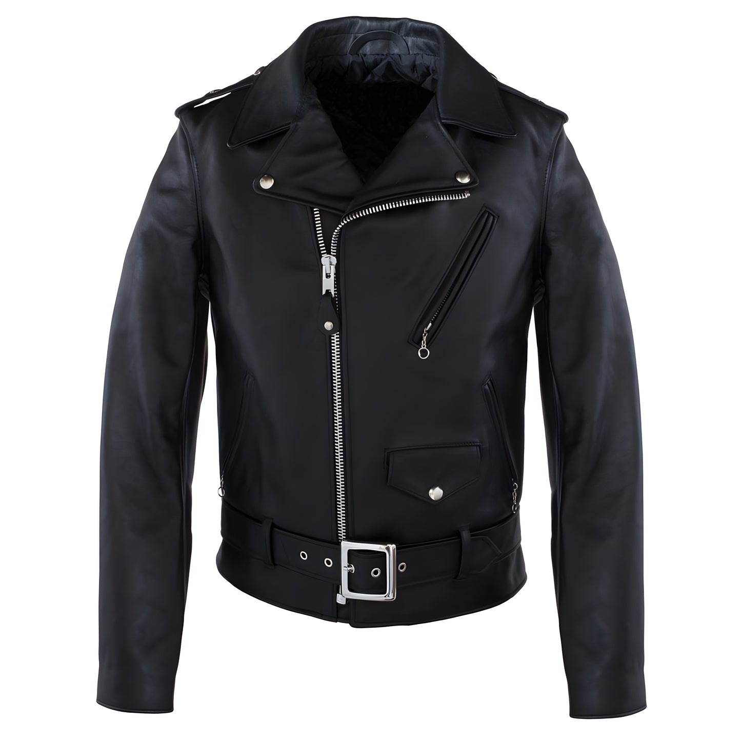 A black leather biker jacket with a silver zipper, zippered chest pocket, and matching black belt with a silver buckle, shown on a plain white background.