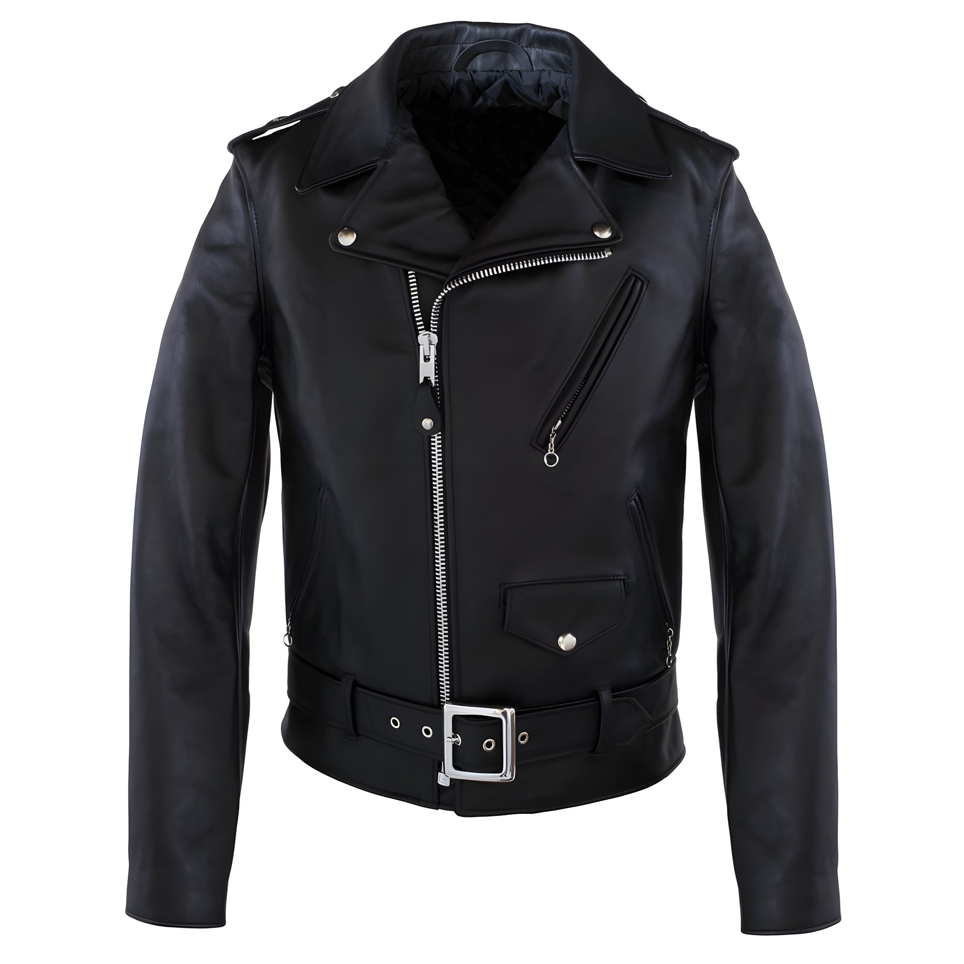 A black leather biker jacket with a silver zipper, zippered chest pocket, and matching black belt with a silver buckle, shown on a plain white background.