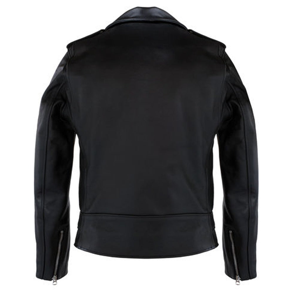 Black leather biker jacket shown from the back, featuring a smooth matte finish and zippered sleeve details, on a solid white background.
