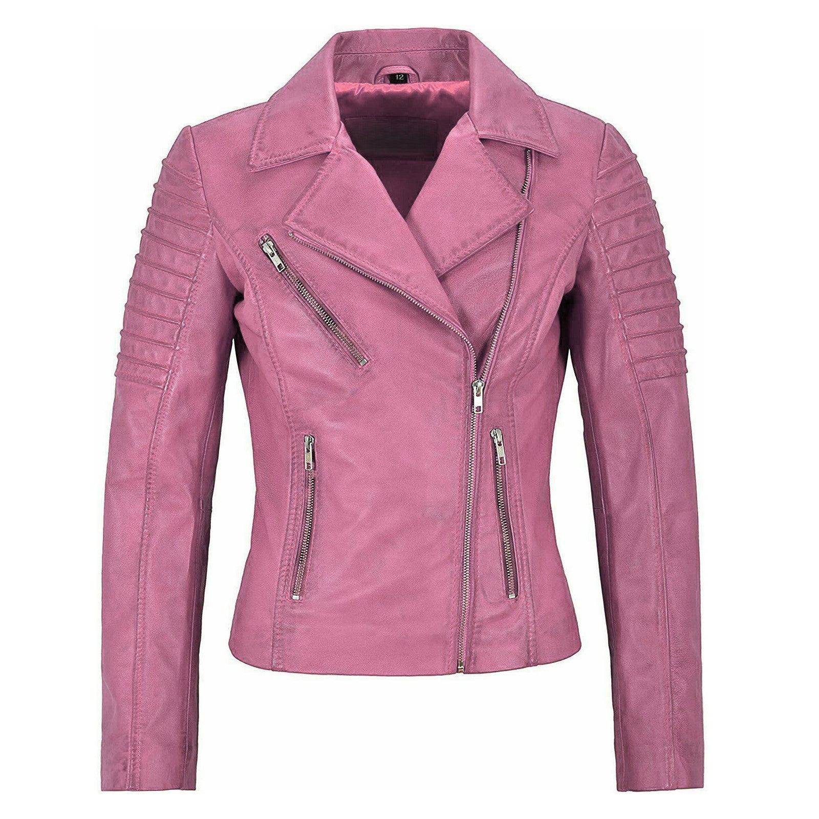 A pink leather biker jacket with silver zippers, ribbed sleeve details, and an asymmetrical zipper, shown on a plain white background.