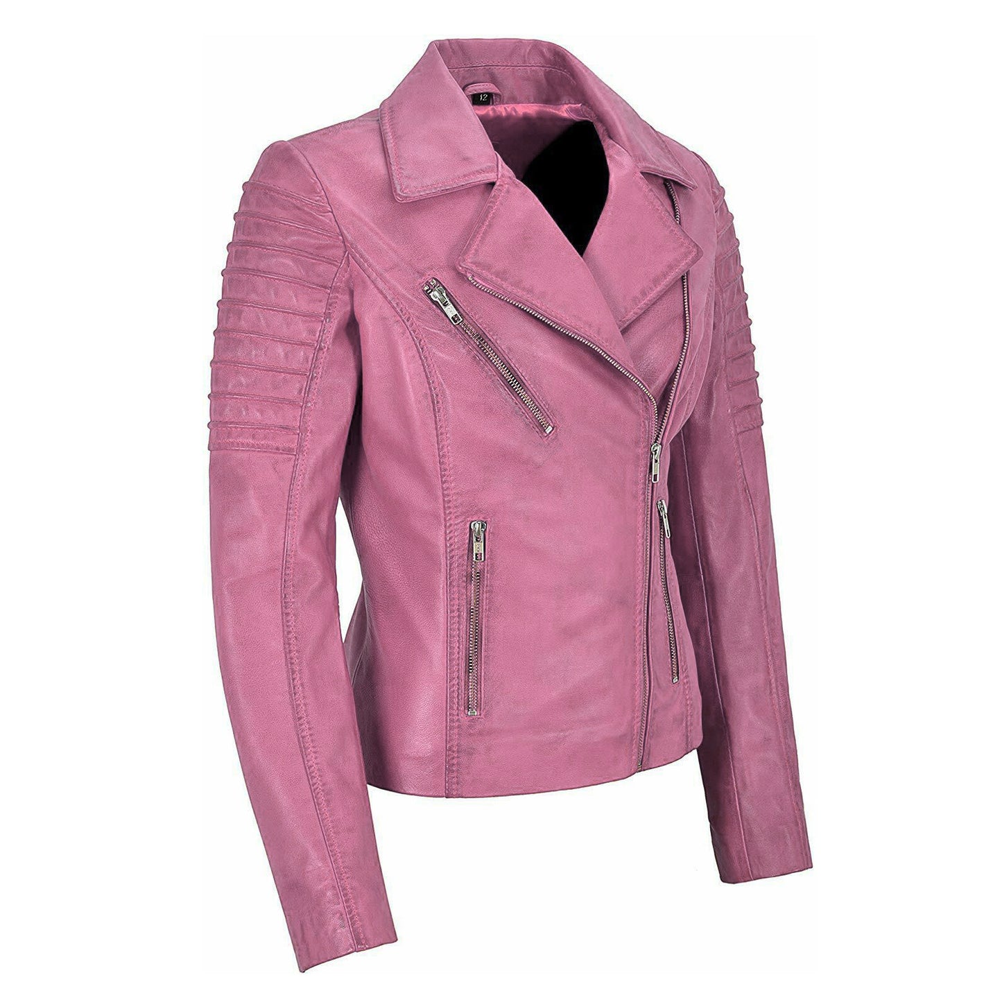A dusty pink leather motorcycle jacket with silver zippers and textured sleeve details, displayed on a white background.