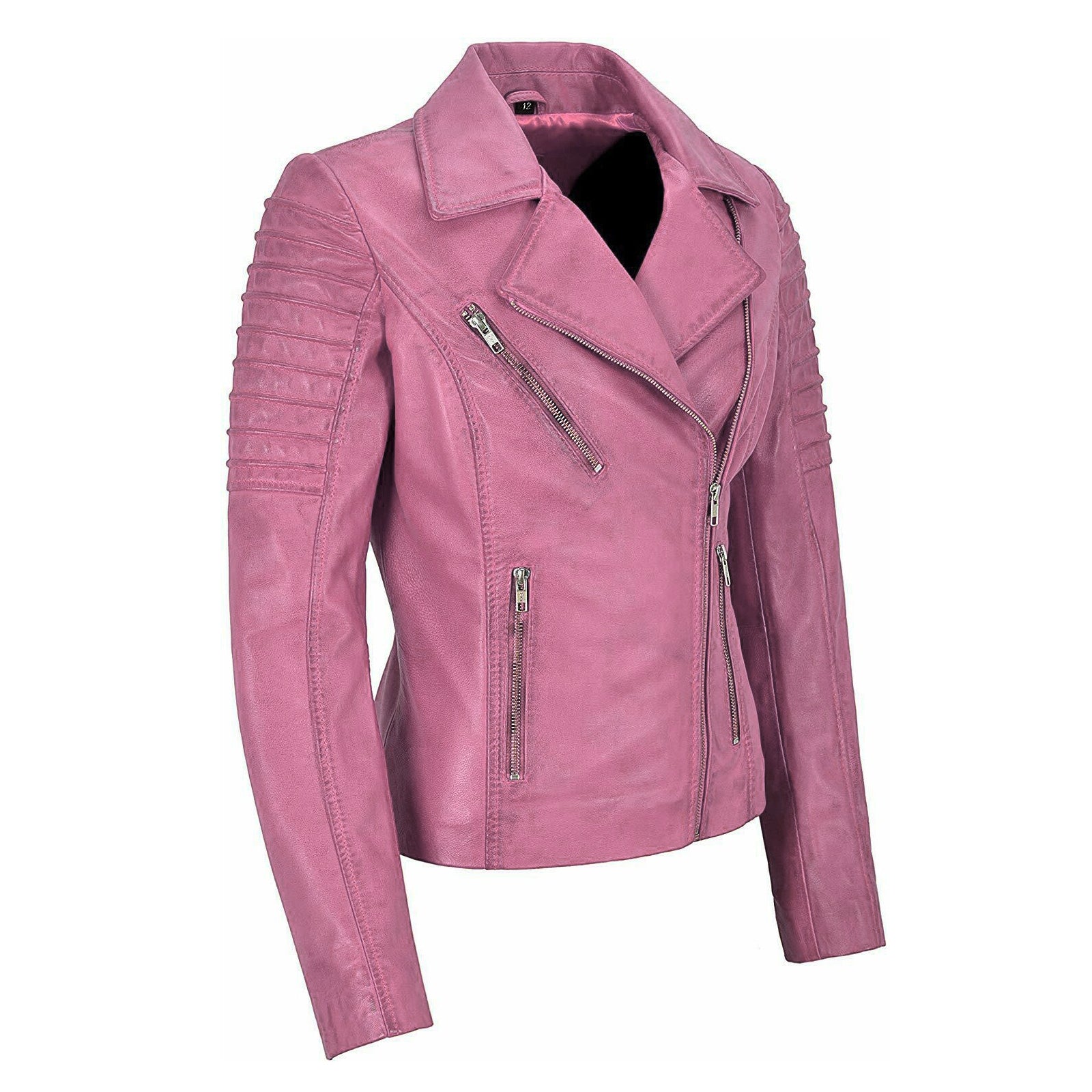 A dusty pink leather motorcycle jacket with silver zippers and textured sleeve details, displayed on a white background.