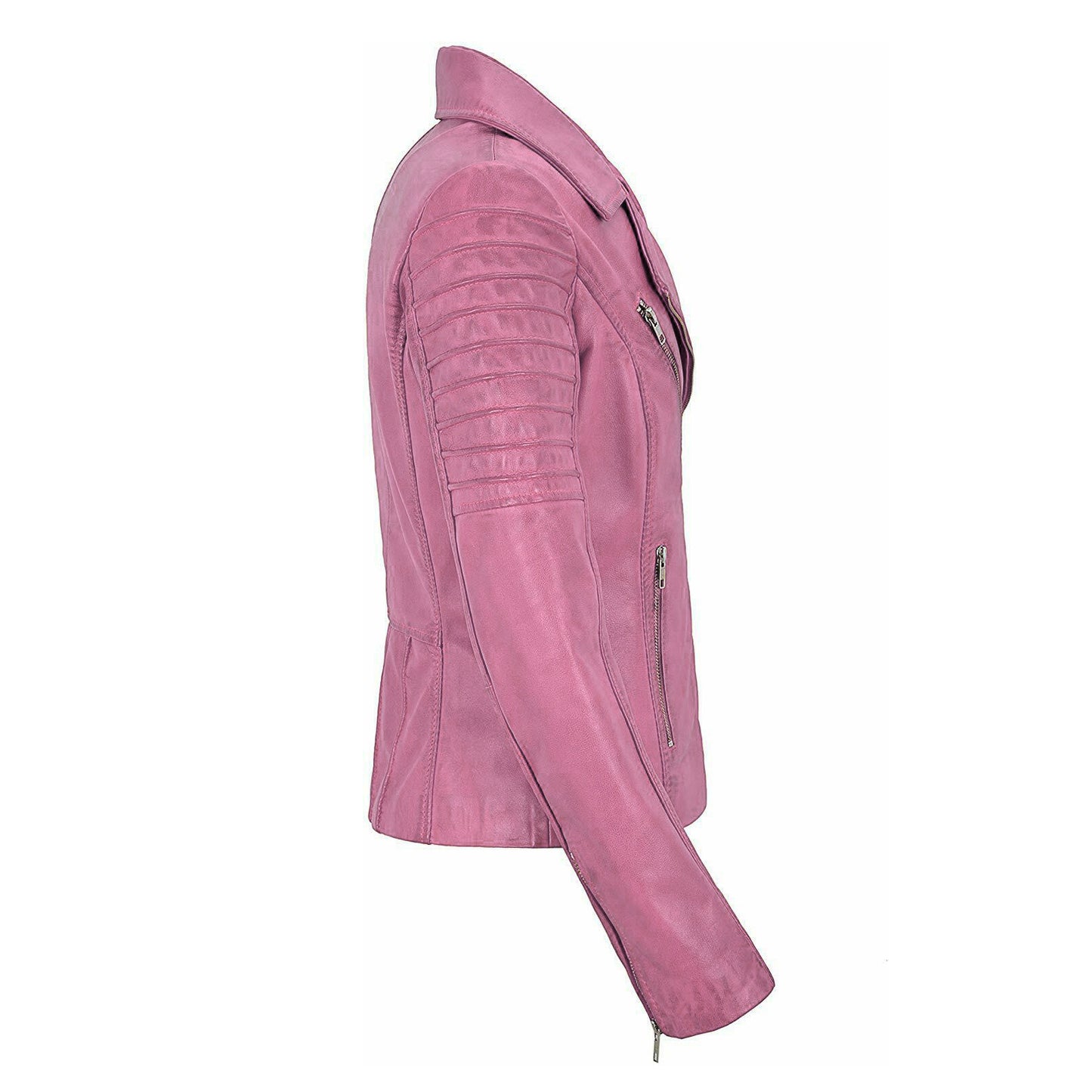 A pink leather biker jacket shown from a side profile view against a plain white background.
