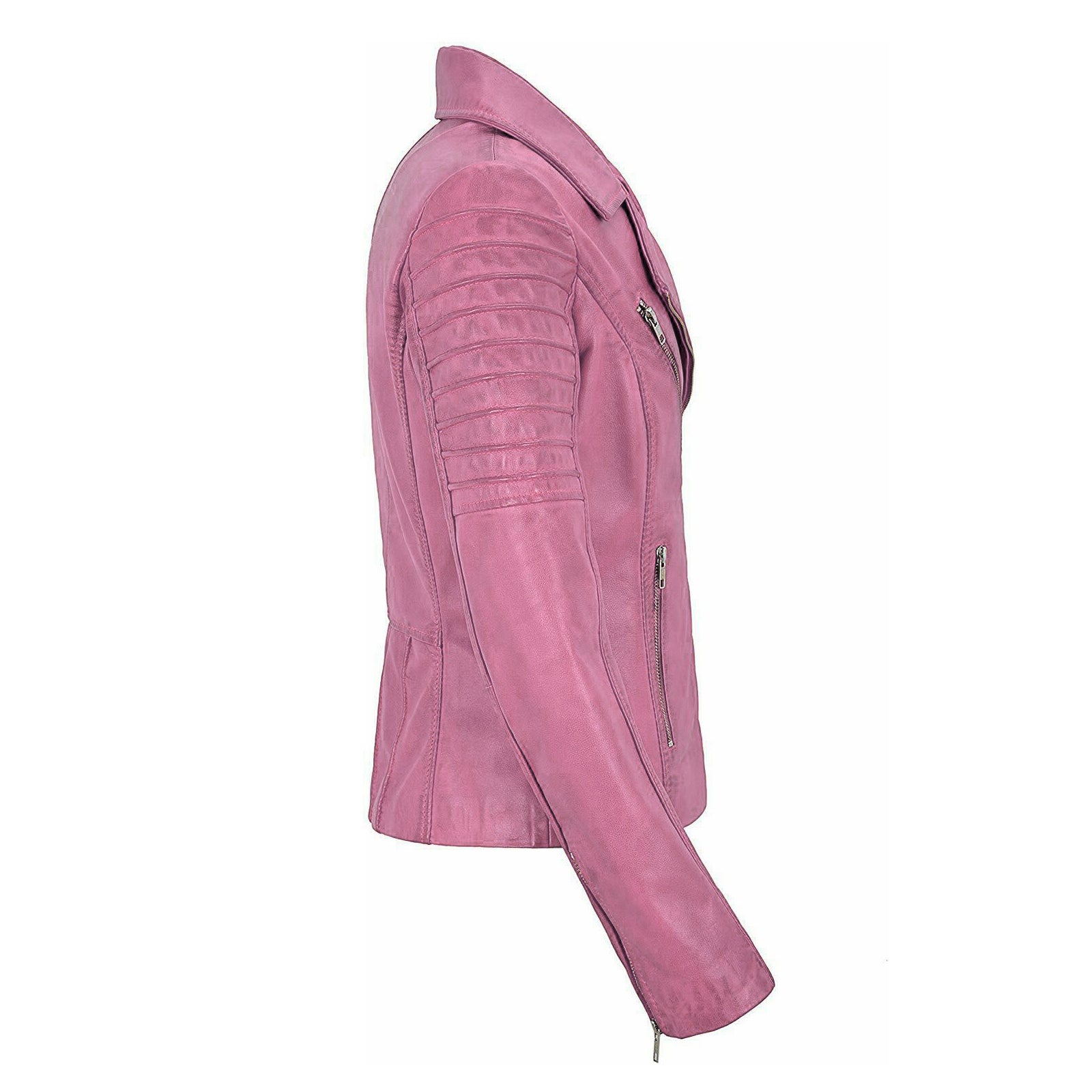 A pink leather biker jacket shown from a side profile view against a plain white background.