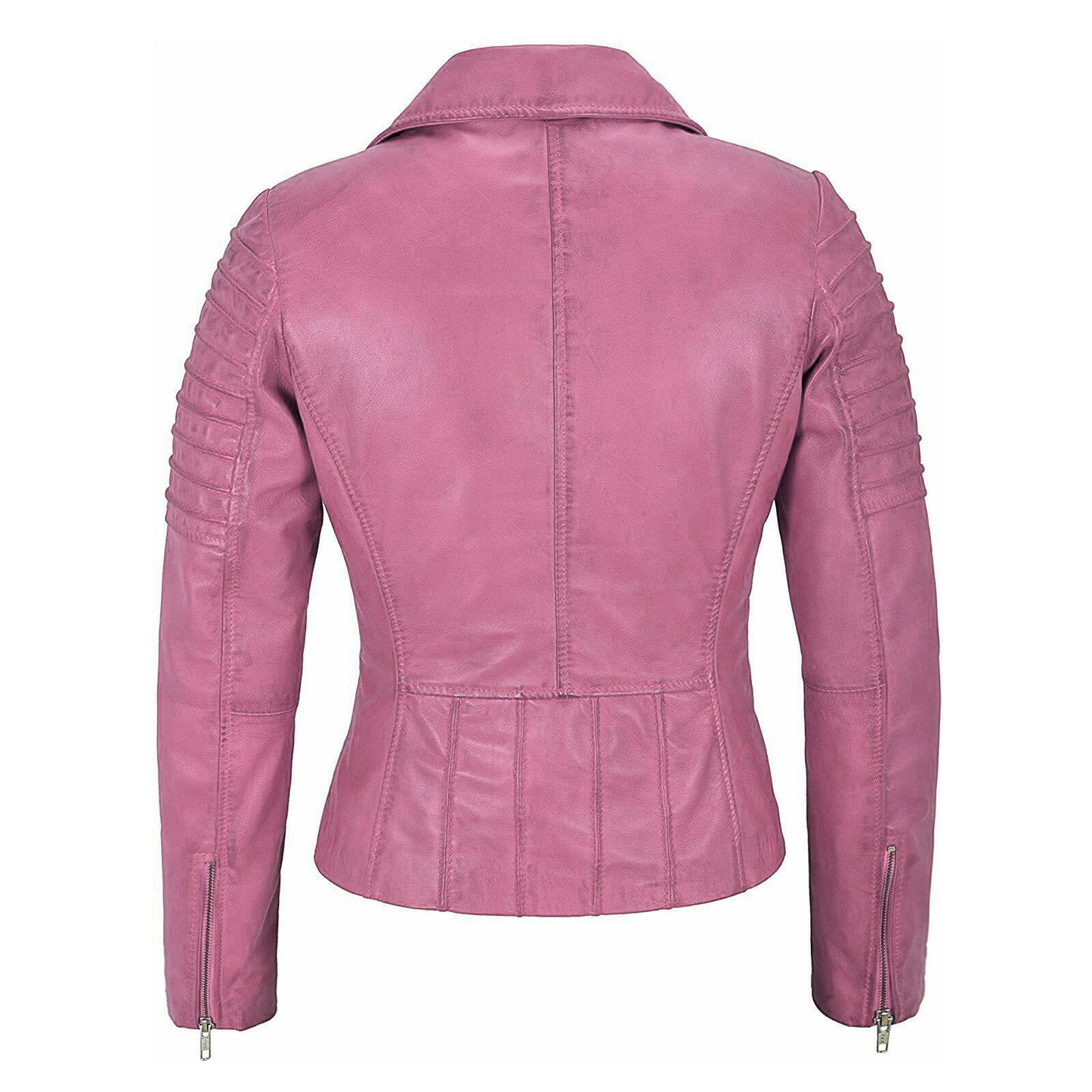 A pink leather motorcycle jacket shown from the back, featuring a pointed collar, vertical quilting, and zippered sleeve cuffs, displayed on a solid white background.