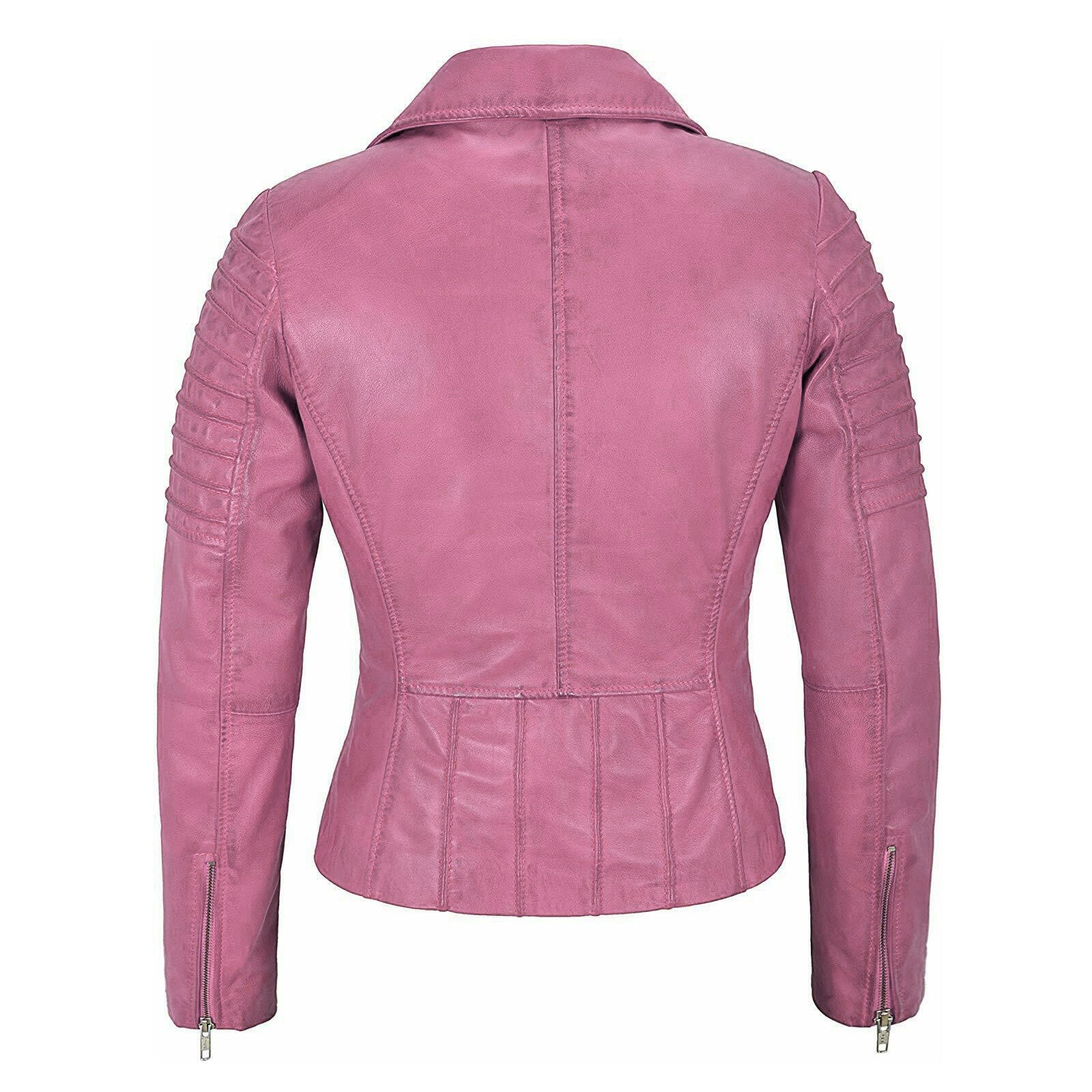 A pink leather motorcycle jacket shown from the back, featuring a pointed collar, vertical quilting, and zippered sleeve cuffs, displayed on a solid white background.