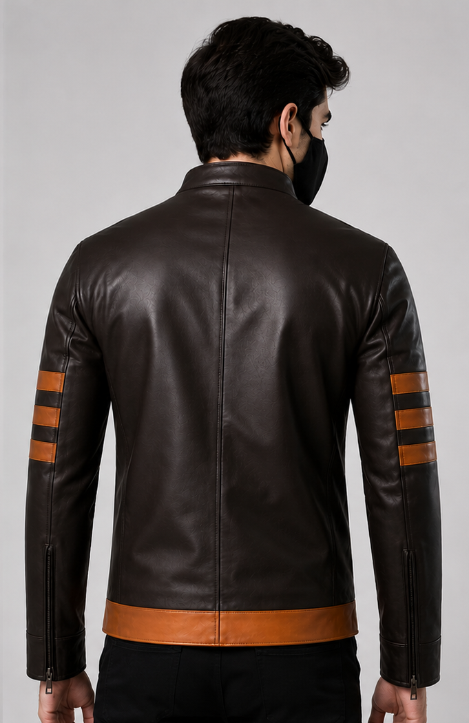 A man viewed from the back wearing a dark brown leather jacket with contrasting tan stripes on the sleeves and a tan band at the waist, against a light gray studio background.