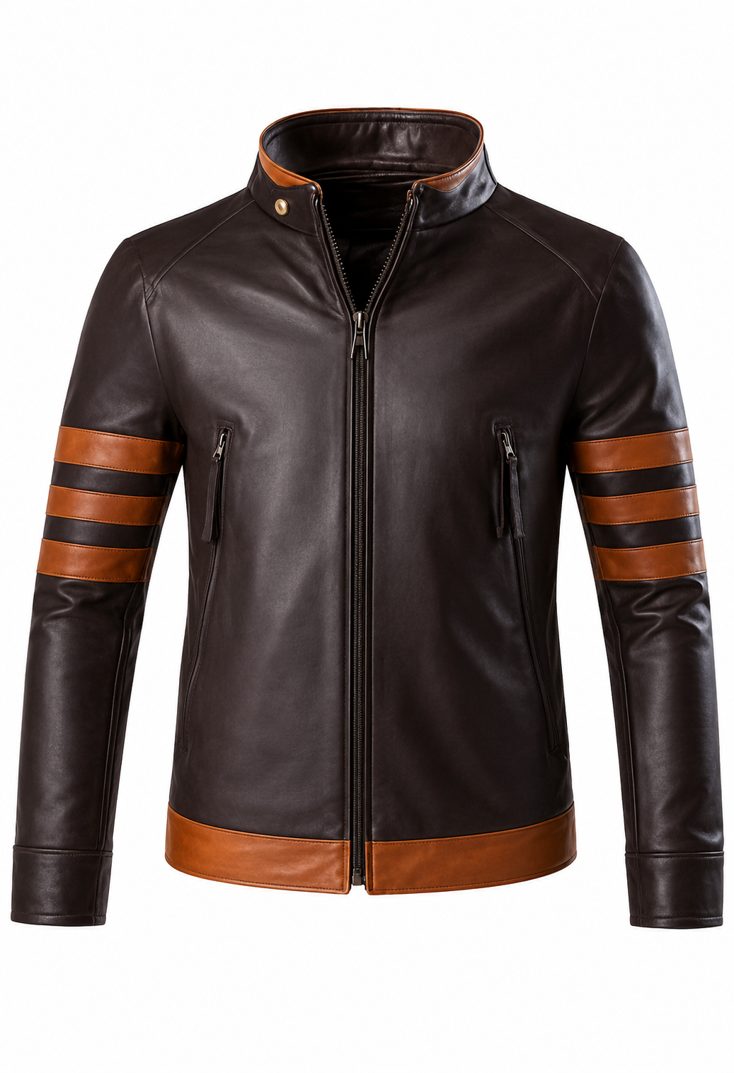 A dark brown leather jacket with contrasting tan panels on the hem, collar, and cuffs, featuring three horizontal tan stripes on each sleeve.