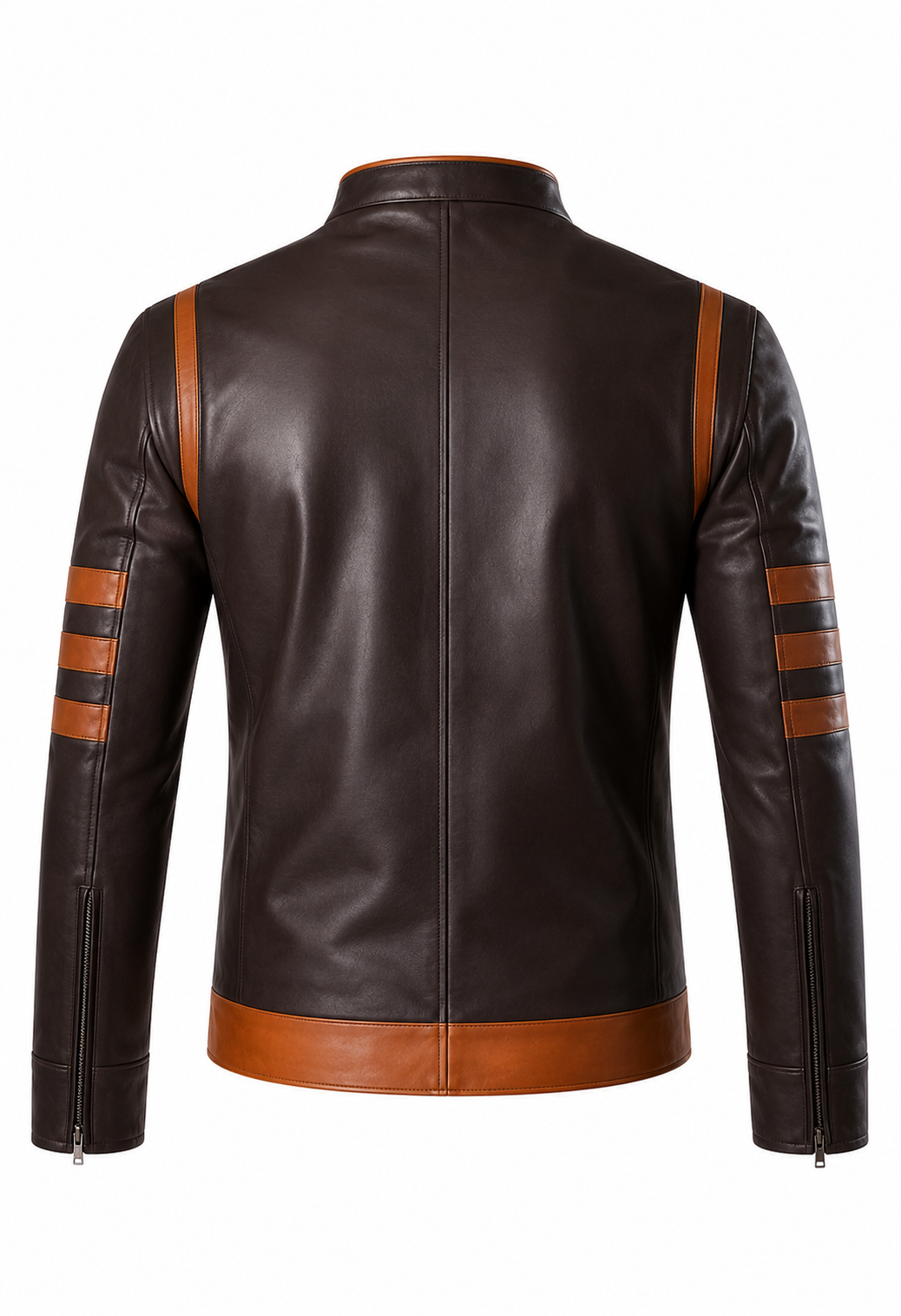 A dark brown leather jacket shown from the back, featuring contrasting tan leather trim along the collar, hem, and shoulder seams, with three horizontal tan stripes on the sleeves.