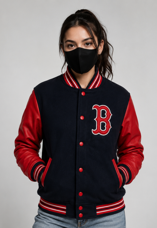 MLB Boston Red Sox Black & Red Varsity Letterman Bomber Jacket for Men & Women