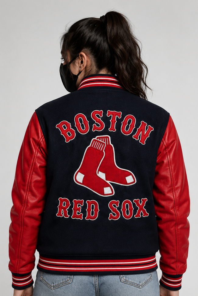 MLB Boston Red Sox Black & Red Varsity Letterman Bomber Jacket for Men & Women