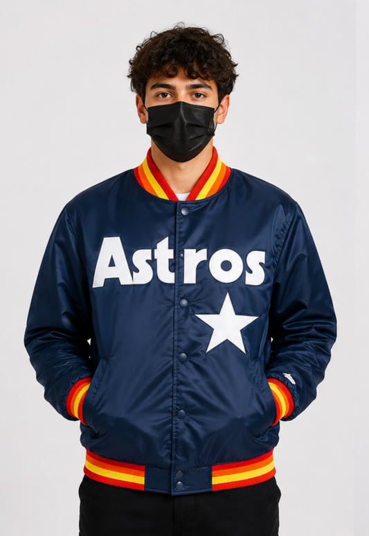 MLB Houston Astros Retro Navy Blue Satin Bomber Jacket for Men & Women