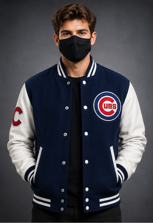 MLB Chicago Cubs Navy Blue & White Varsity Letterman Bomber Jacket for Men & Women