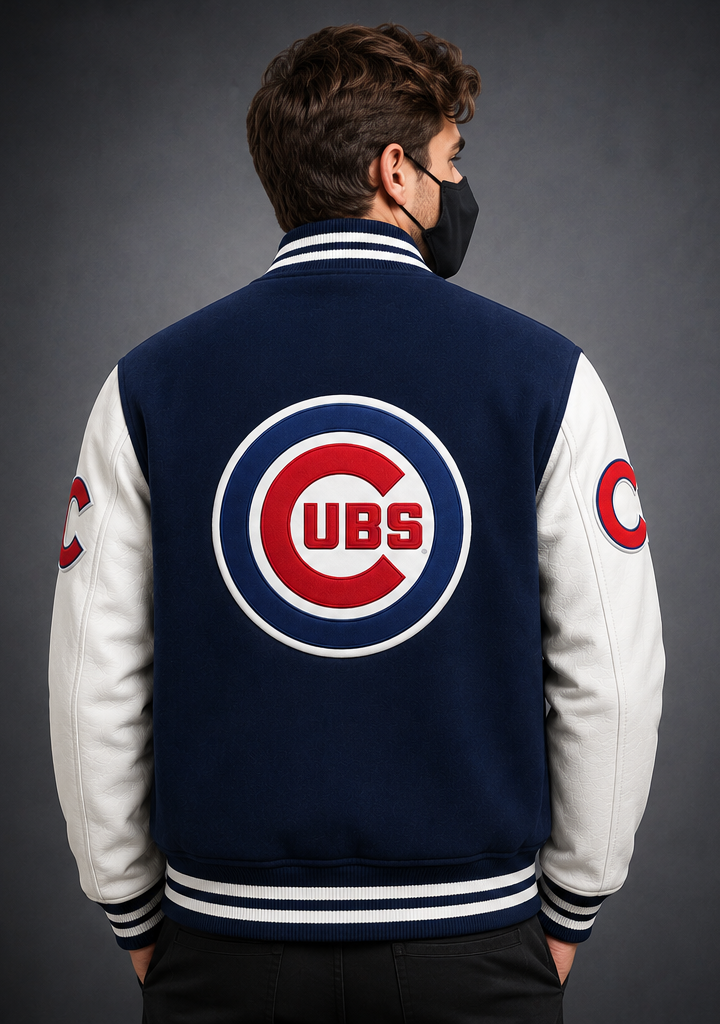 MLB Chicago Cubs Navy Blue & White Varsity Letterman Bomber Jacket for Men & Women