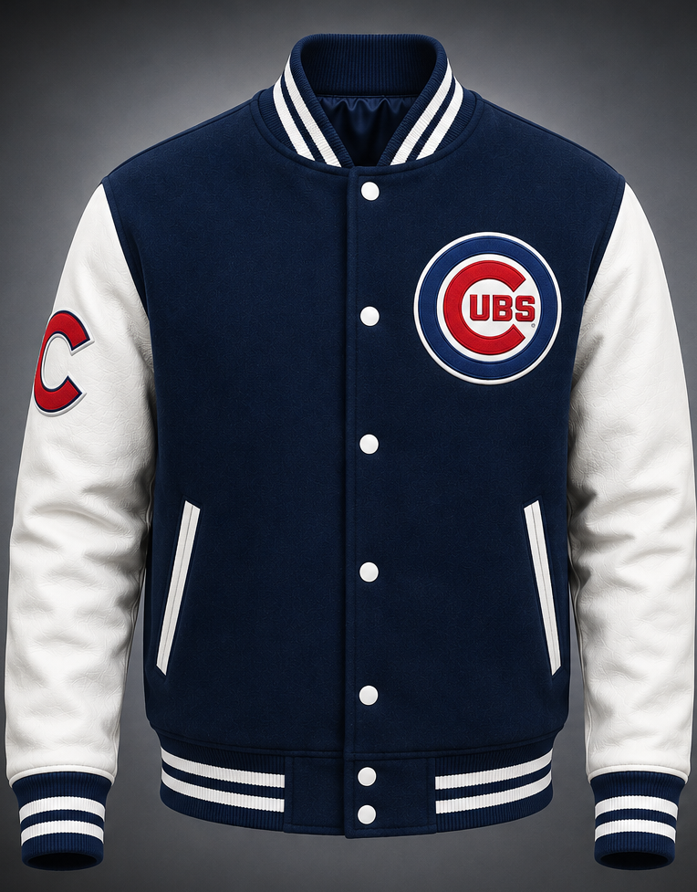 MLB Chicago Cubs Navy Blue & White Varsity Letterman Bomber Jacket for Men & Women