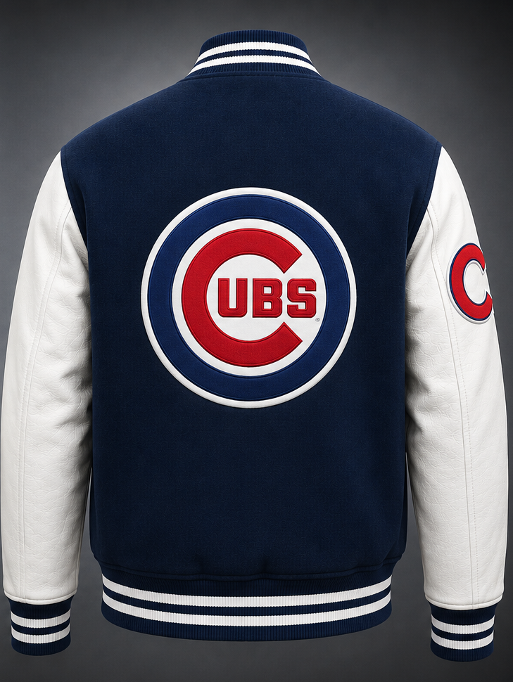 MLB Chicago Cubs Navy Blue & White Varsity Letterman Bomber Jacket for Men & Women