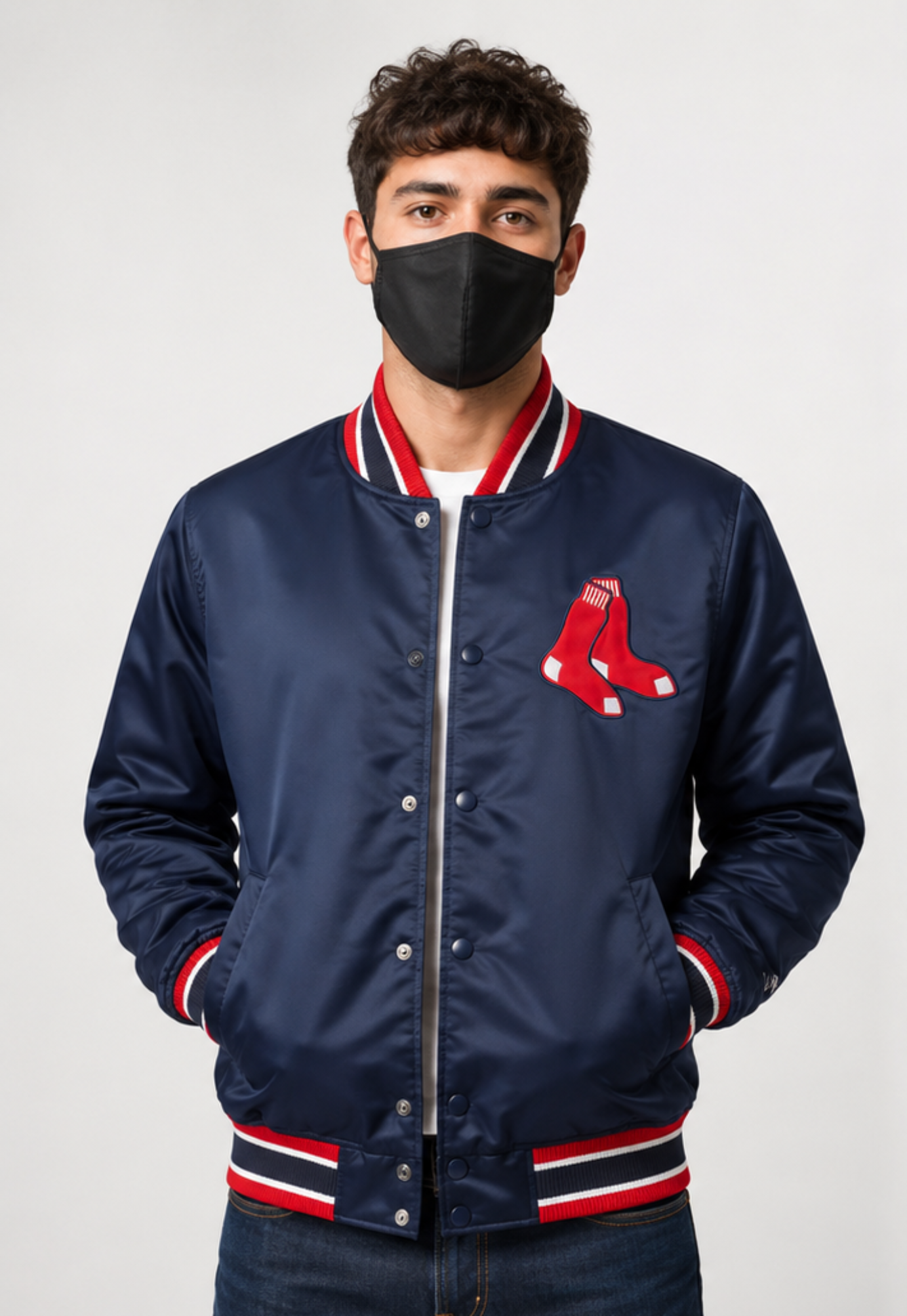 MLB Boston Red Sox Navy Blue Satin Bomber Jacket for Men & Women