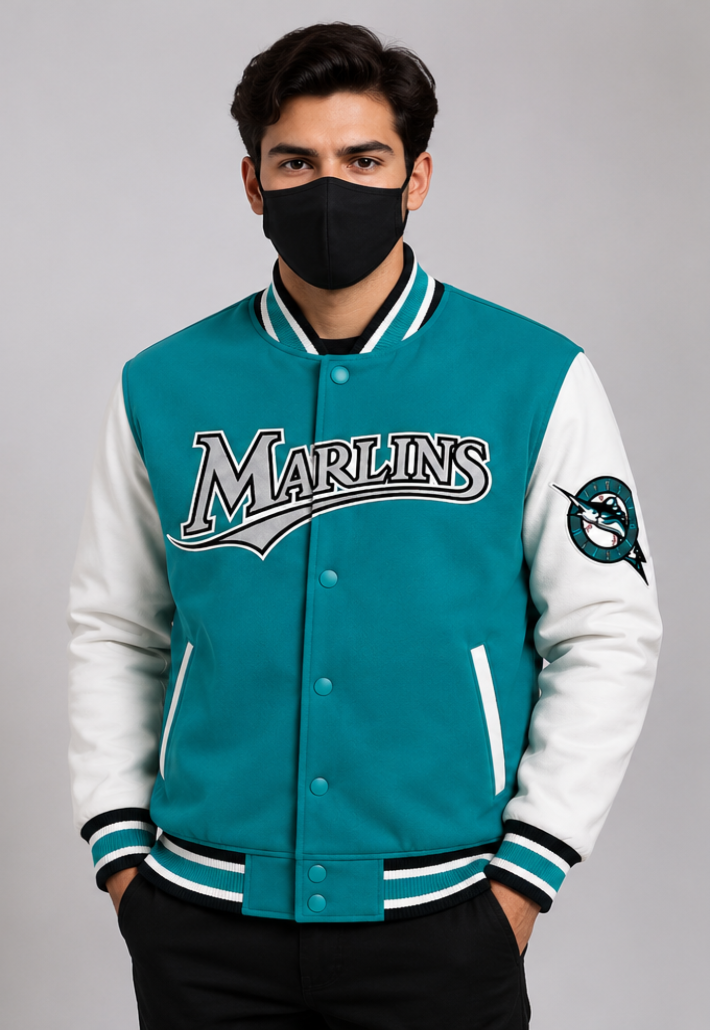 MLB Miami Marlins Retro Teal & White Varsity Letterman Bomber Jacket for Men & Women