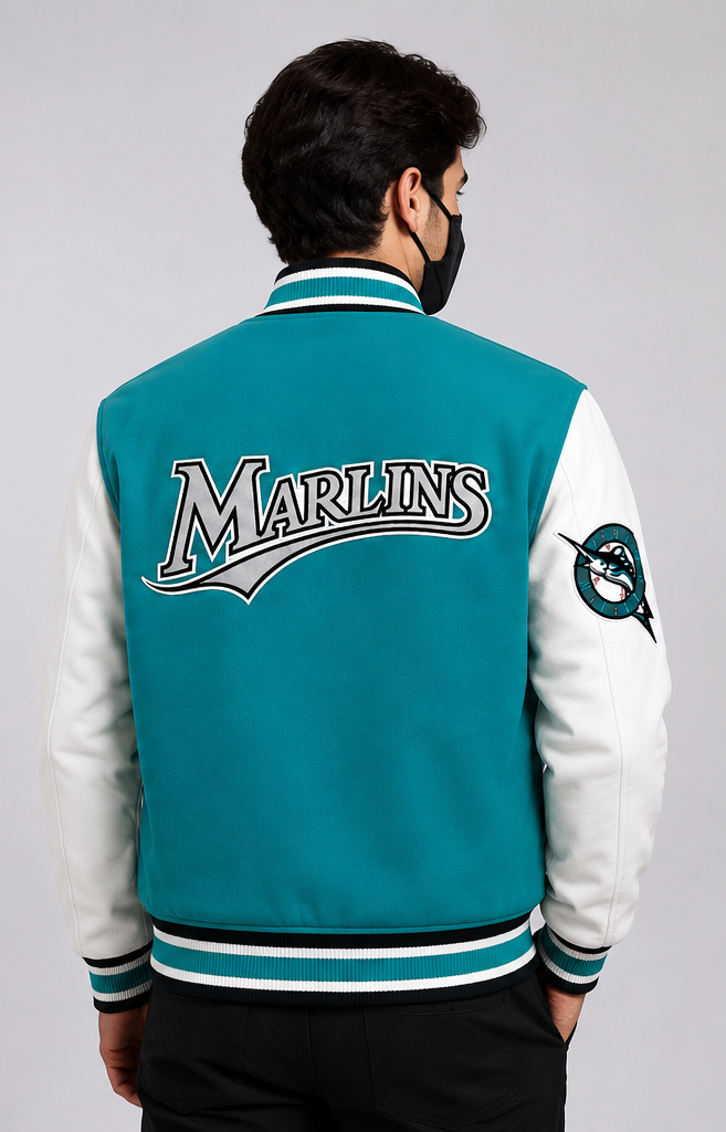 MLB Miami Marlins Retro Teal & White Varsity Letterman Bomber Jacket for Men & Women