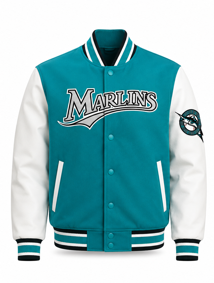 MLB Miami Marlins Retro Teal & White Varsity Letterman Bomber Jacket for Men & Women