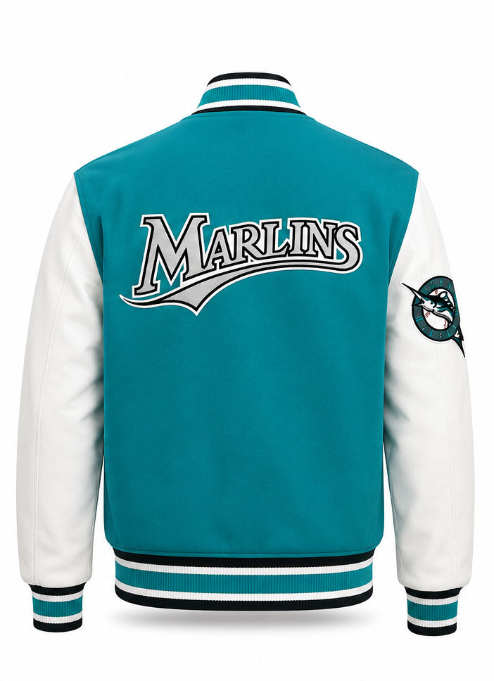 MLB Miami Marlins Retro Teal & White Varsity Letterman Bomber Jacket for Men & Women