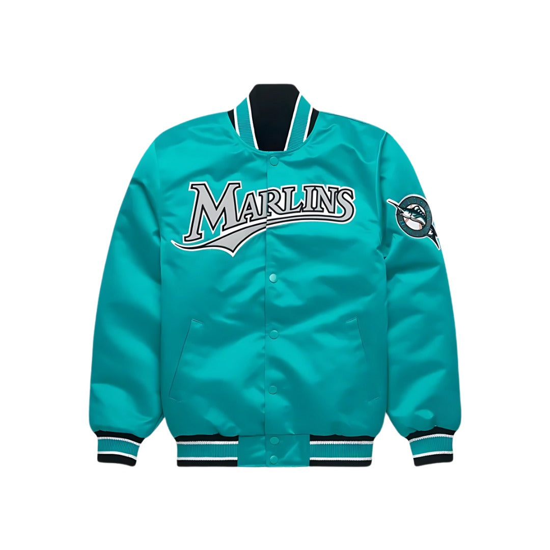 MLB Vintage Florida Marlins Teal Satin Bomber Jacket for Men & Women