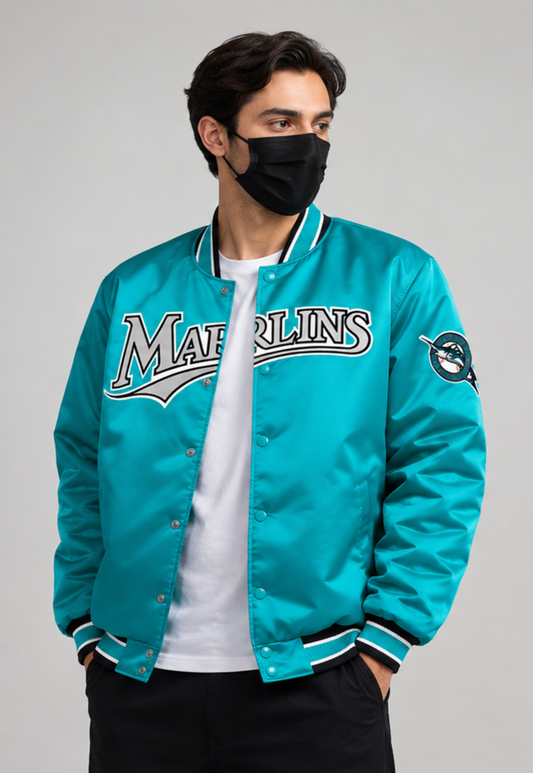 MLB Vintage Florida Marlins Teal Satin Bomber Jacket for Men & Women