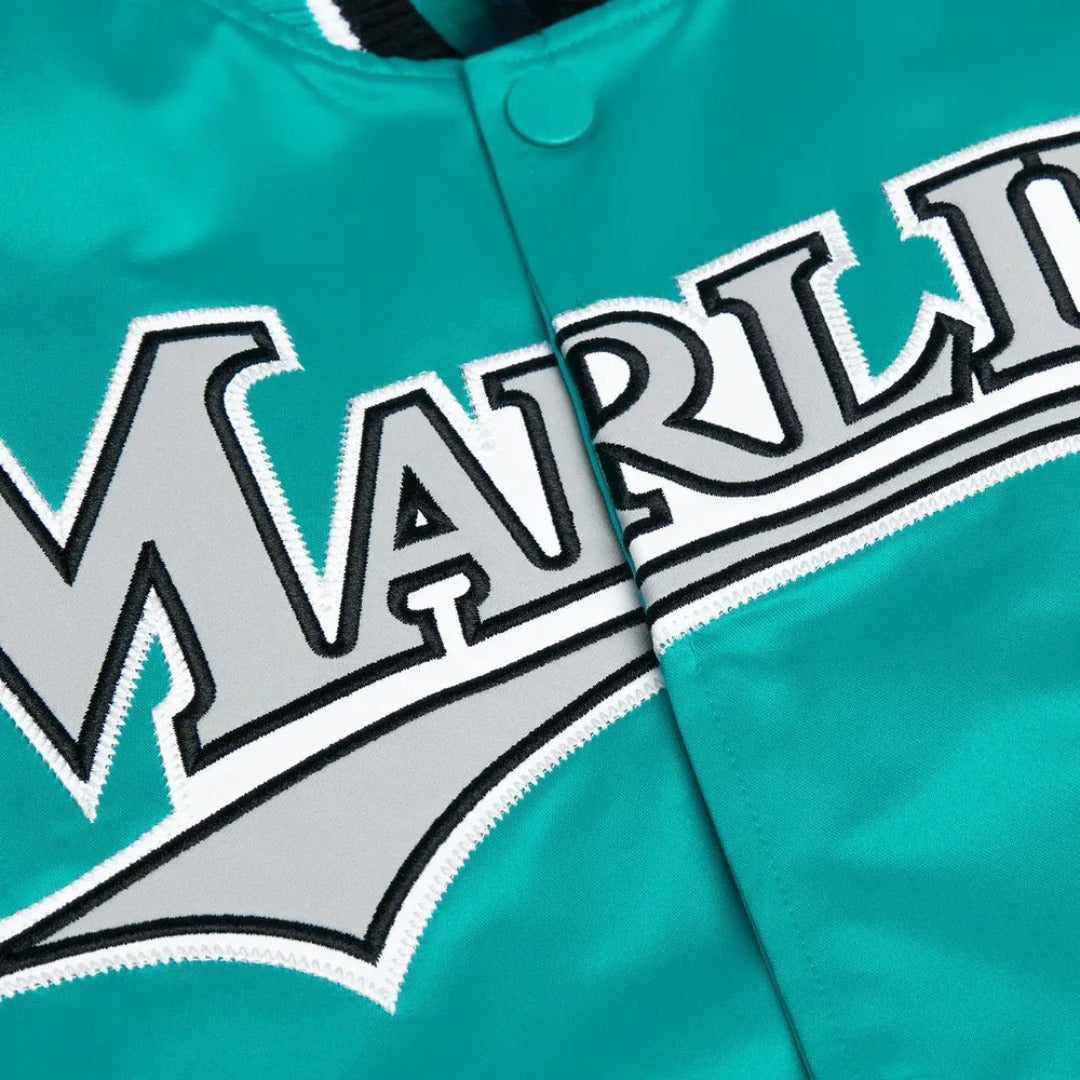 MLB Vintage Florida Marlins Teal Satin Bomber Jacket for Men & Women