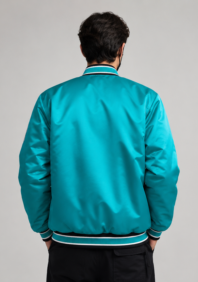 MLB Vintage Florida Marlins Teal Satin Bomber Jacket for Men & Women
