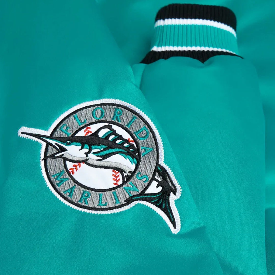 MLB Vintage Florida Marlins Teal Satin Bomber Jacket for Men & Women